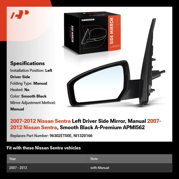 2007-2012 Nissan Sentra Left Driver Side Mirror, Manual 2007-2012 Nissan Sentra, Smooth Black A-Premium APMI562