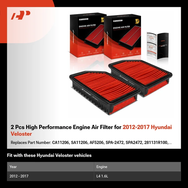 2 Pcs High Performance Engine Air Filter for 2012-2017 Hyundai Veloster