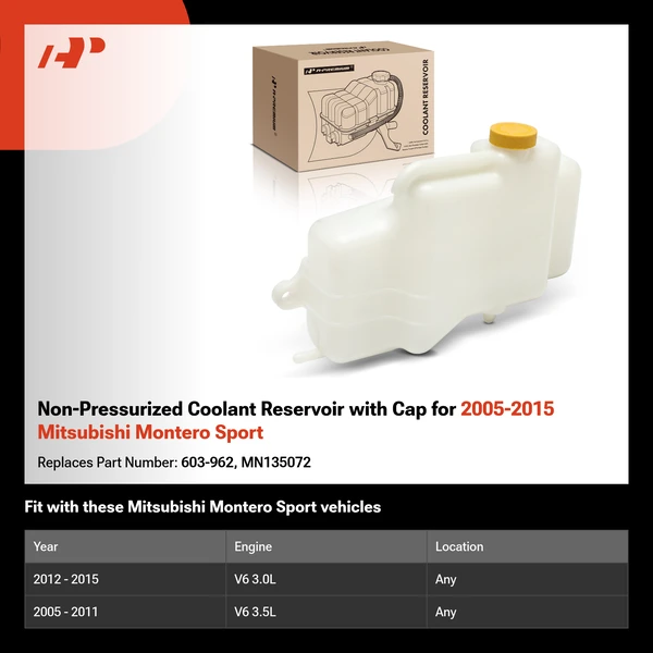 Non-Pressurized Coolant Reservoir with Cap for 2005-2015 Mitsubishi Montero Sport
