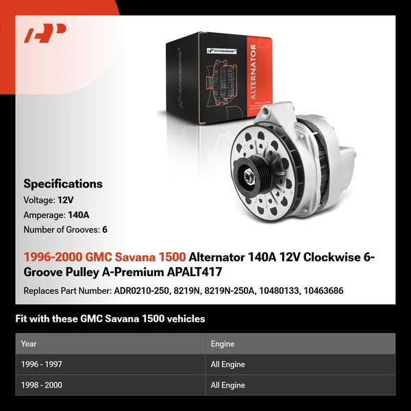 1996-2000 GMC Savana 1500 Alternator 140A 12V Clockwise 6-Groove Pulley A-Premium APALT417