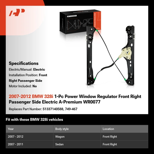 2007-2012 BMW 328i 1-Pc Power Window Regulator Front Right Passenger Side Electric A-Premium WR0077