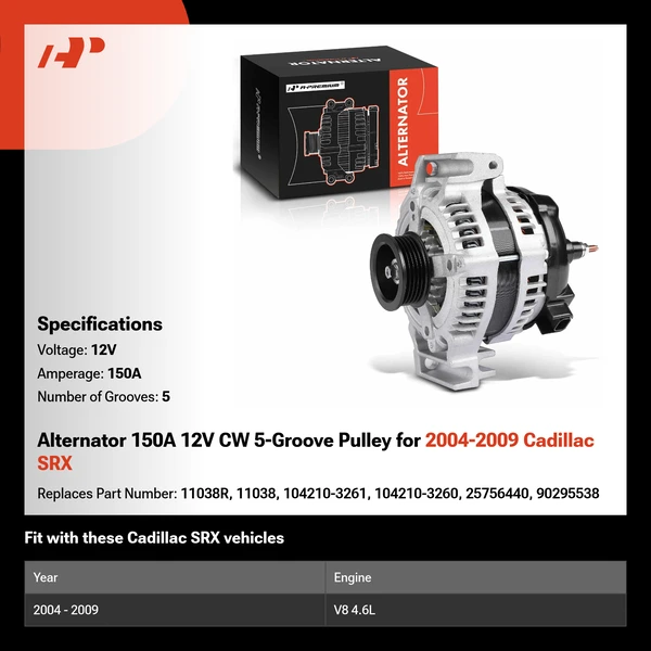 Alternator 150A 12V CW 5-Groove Pulley for 2004-2009 Cadillac SRX