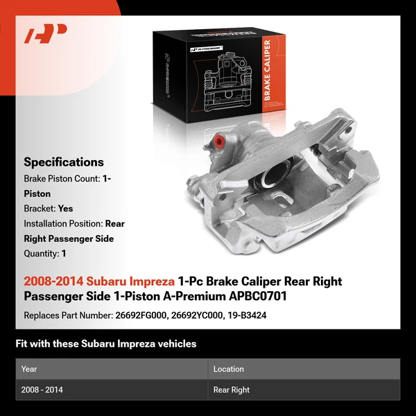 2008-2014 Subaru Impreza 1-Pc Brake Caliper Rear Right Passenger Side 1-Piston A-Premium APBC0701