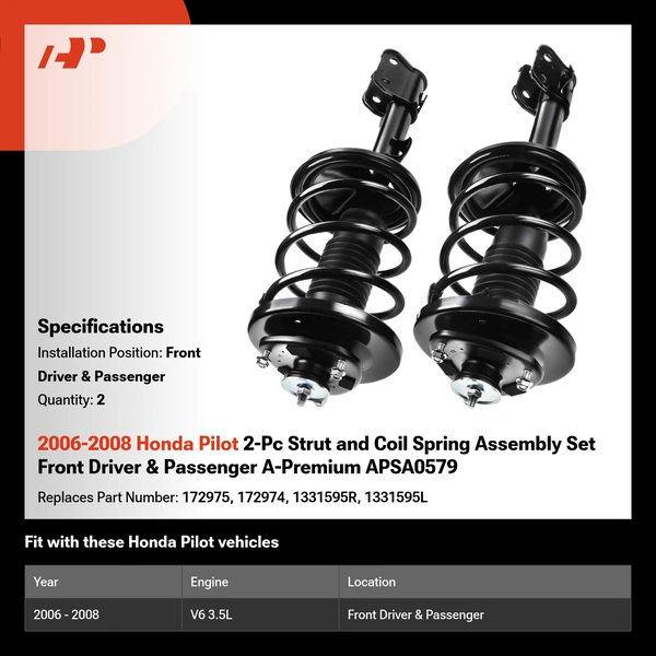 2006-2008 Honda Pilot 2-Pc Strut and Coil Spring Assembly Set Front Driver & Passenger A-Premium APSA0579