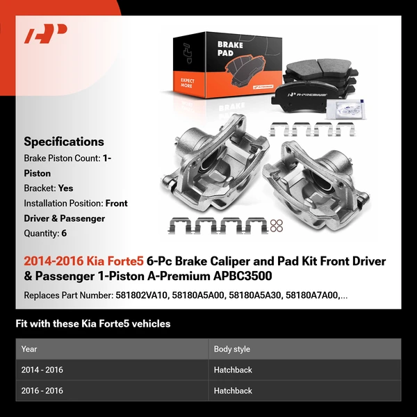 2014-2016 Kia Forte5 6-Pc Brake Caliper and Pad Kit Front Driver & Passenger 1-Piston A-Premium APBC3500