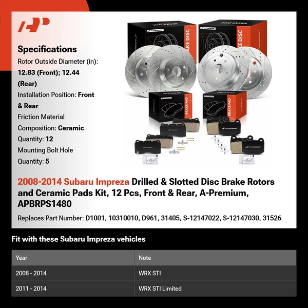 2008-2014 Subaru Impreza Drilled & Slotted Disc Brake Rotors and Ceramic Pads Kit, 12 Pcs, Front & Rear, A-Premium, APBRPS1480