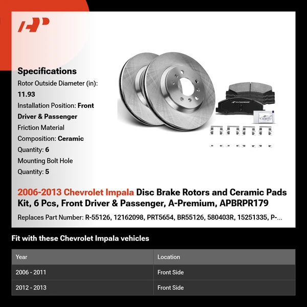2006-2013 Chevrolet Impala Disc Brake Rotors and Ceramic Pads Kit, 6 Pcs, Front Driver & Passenger, A-Premium, APBRPR179