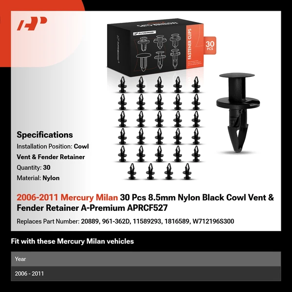 2006-2011 Mercury Milan 30 Pcs 8.5mm Nylon Black Cowl Vent & Fender Retainer A-Premium APRCF527