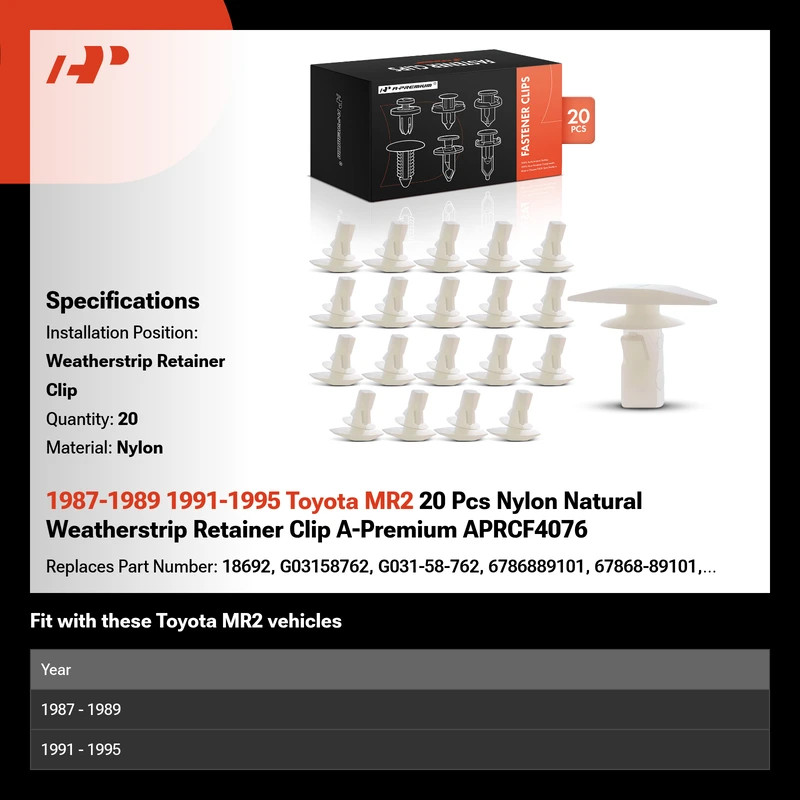 1987-1989 1991-1995 Toyota MR2 20 Pcs Nylon Natural Weatherstrip Retainer Clip A-Premium APRCF4076
