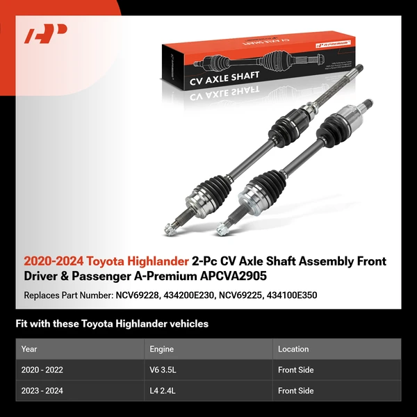 2020-2024 Toyota Highlander 2-Pc CV Axle Shaft Assembly Front Driver & Passenger A-Premium APCVA2905