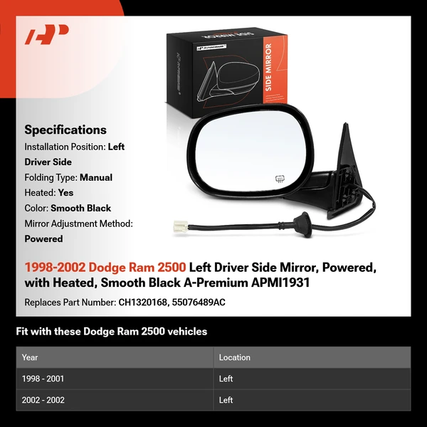 1998-2002 Dodge Ram 2500 Left Driver Side Mirror, Powered, with Heated, Smooth Black A-Premium APMI1931