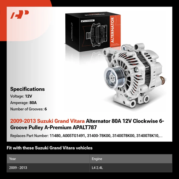 2009-2013 Suzuki Grand Vitara Alternator 80A 12V Clockwise 6-Groove Pulley A-Premium APALT787