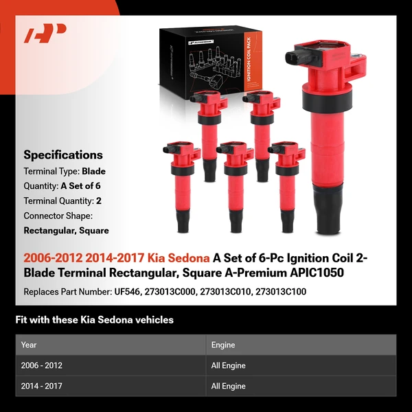 2006-2012 2014-2017 Kia Sedona A Set of 6-Pc Ignition Coil 2-Blade Terminal Rectangular, Square A-Premium APIC1050