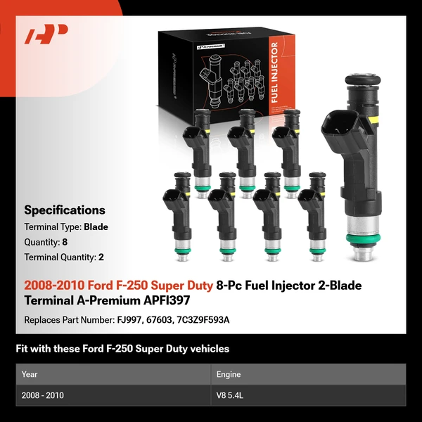 2008-2010 Ford F-250 Super Duty 8-Pc Fuel Injector 2-Blade Terminal A-Premium APFI397
