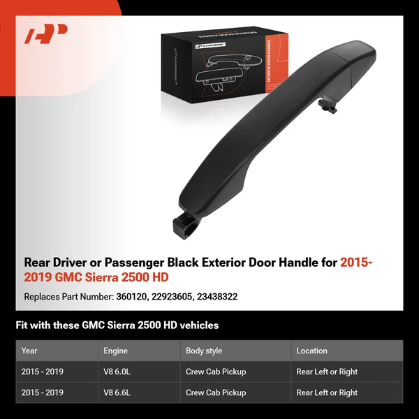 Rear Driver or Passenger Black Exterior Door Handle for 2015-2019 GMC Sierra 2500 HD