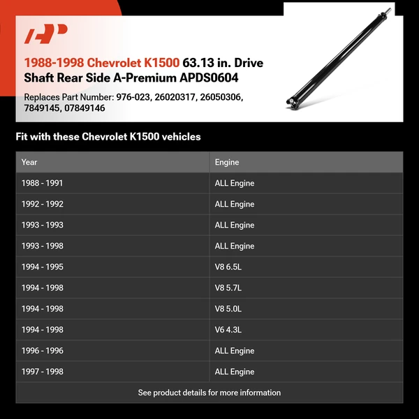 1988-1998 Chevrolet K1500 63.13 in. Drive Shaft Rear Side A-Premium APDS0604