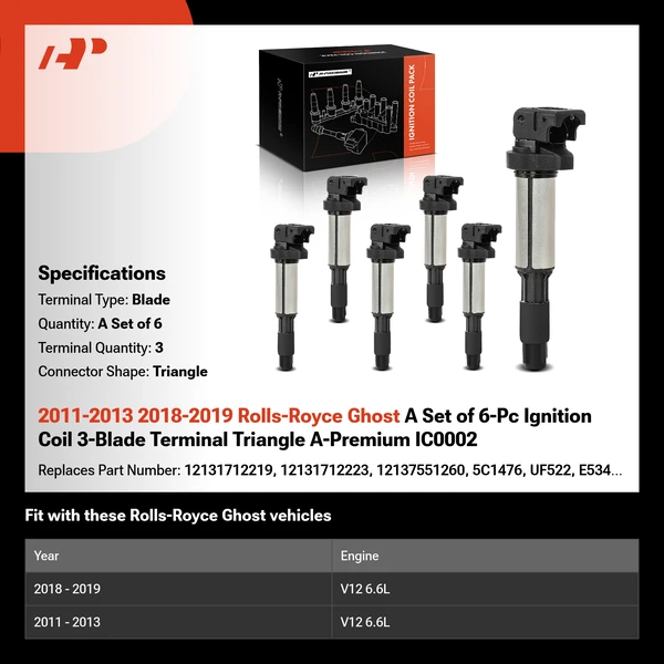 2011-2013 2018-2019 Rolls-Royce Ghost A Set of 6-Pc Ignition Coil 3-Blade Terminal Triangle A-Premium IC0002