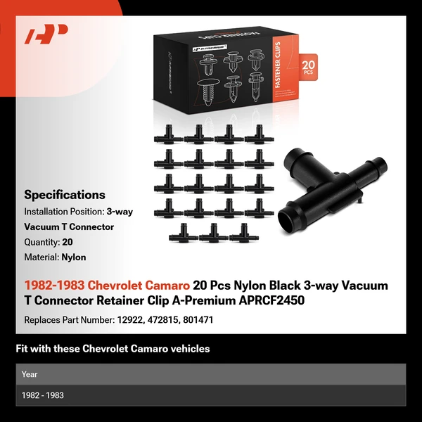 1982-1983 Chevrolet Camaro 20 Pcs Nylon Black 3-way Vacuum T Connector Retainer Clip A-Premium APRCF2450