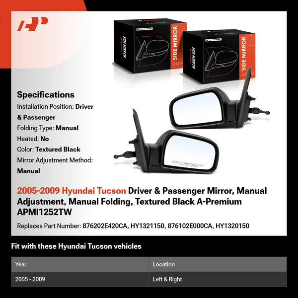 2005-2009 Hyundai Tucson Driver & Passenger Mirror, Manual Adjustment, Manual Folding, Textured Black A-Premium APMI1252TW