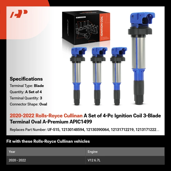 2020-2022 Rolls-Royce Cullinan A Set of 4-Pc Ignition Coil 3-Blade Terminal Oval A-Premium APIC1499