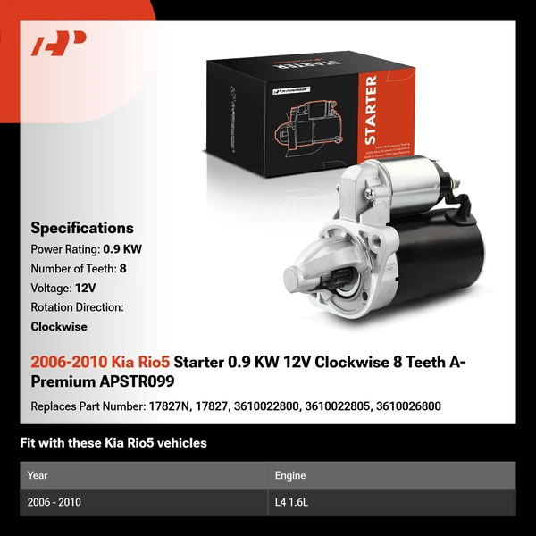 2006-2010 Kia Rio5 Starter 0.9 KW 12V Clockwise 8 Teeth A-Premium APSTR099