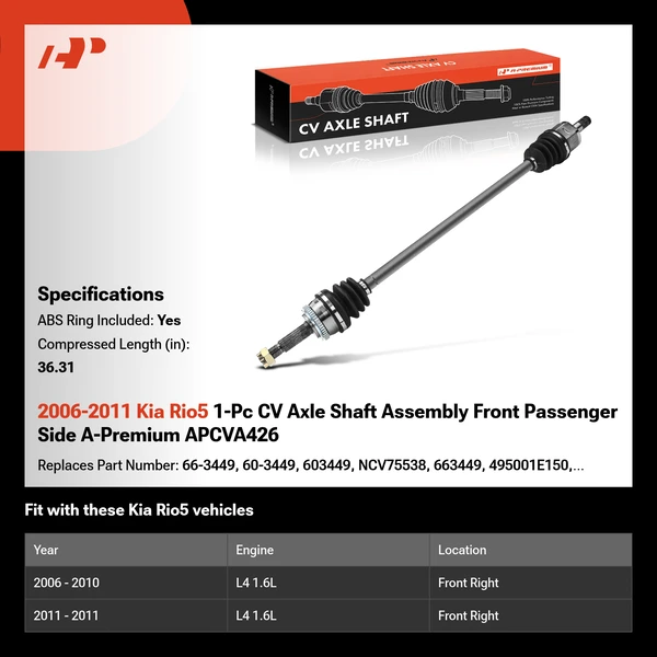 2006-2011 Kia Rio5 1-Pc CV Axle Shaft Assembly Front Passenger Side A-Premium APCVA426