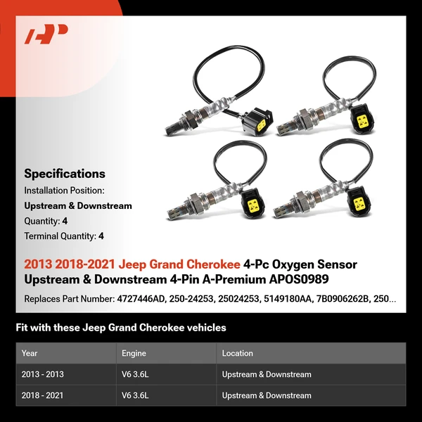 2013 2018-2021 Jeep Grand Cherokee 4-Pc Oxygen Sensor Upstream & Downstream 4-Pin A-Premium APOS0989