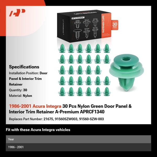 1986-2001 Acura Integra 30 Pcs Nylon Green Door Panel & Interior Trim Retainer A-Premium APRCF1340