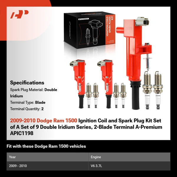 2009-2010 Dodge Ram 1500 Ignition Coil and Spark Plug Kit Set of A Set of 9 Double Iridium Series, 2-Blade Terminal A-Premium APIC1198