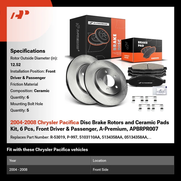 2004-2008 Chrysler Pacifica Disc Brake Rotors and Ceramic Pads Kit, 6 Pcs, Front Driver & Passenger, A-Premium, APBRPR007