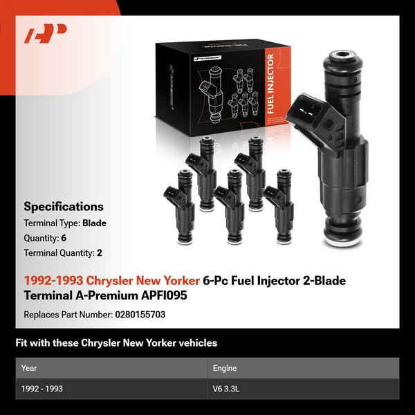 1992-1993 Chrysler New Yorker 6-Pc Fuel Injector 2-Blade Terminal A-Premium APFI095