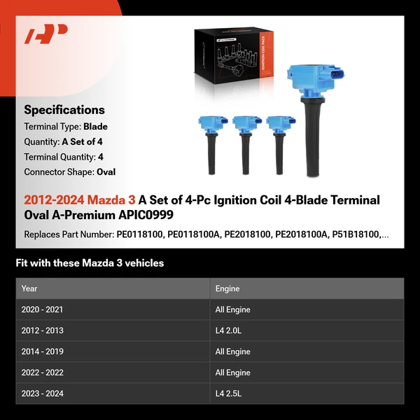 2012-2024 Mazda 3 A Set of 4-Pc Ignition Coil 4-Blade Terminal Oval A-Premium APIC0999