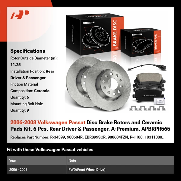 2006-2008 Volkswagen Passat Disc Brake Rotors and Ceramic Pads Kit, 6 Pcs, Rear Driver & Passenger, A-Premium, APBRPR565