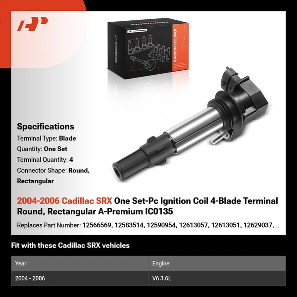 2004-2006 Cadillac SRX One Set-Pc Ignition Coil 4-Blade Terminal Round, Rectangular A-Premium IC0135