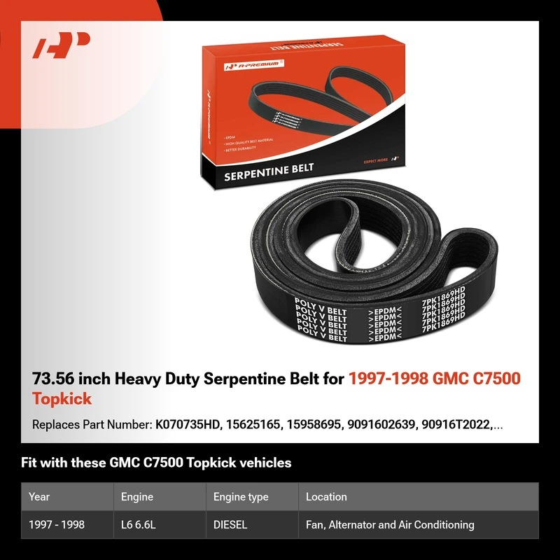 73.56 inch Heavy Duty Serpentine Belt for 1997-1998 GMC C7500 Topkick