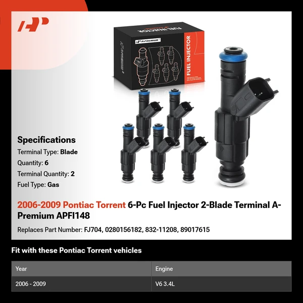 2006-2009 Pontiac Torrent 6-Pc Fuel Injector 2-Blade Terminal A-Premium APFI148