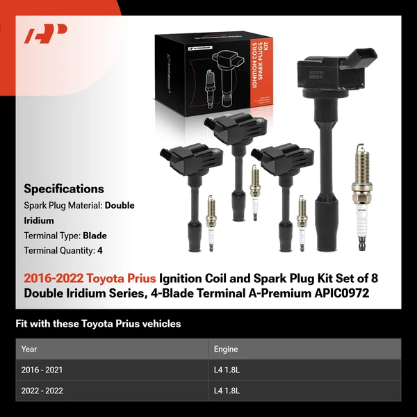 2016-2022 Toyota Prius Ignition Coil and Spark Plug Kit Set of 8 Double Iridium Series, 4-Blade Terminal A-Premium APIC0972