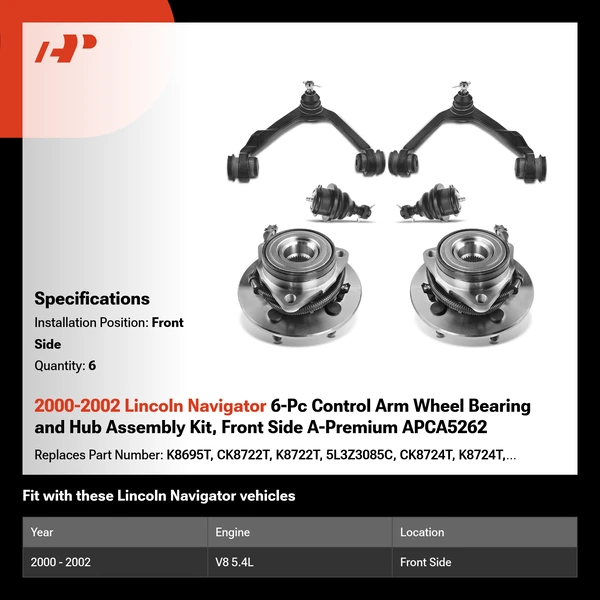 2000-2002 Lincoln Navigator 6-Pc Control Arm Wheel Bearing and Hub Assembly Kit, Front Side A-Premium APCA5262