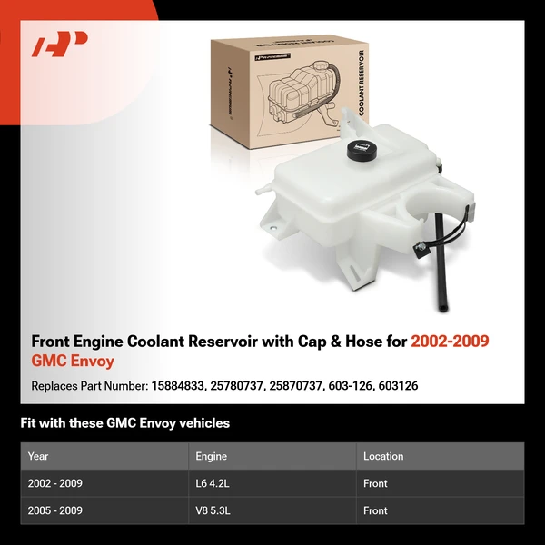 Front Engine Coolant Reservoir with Cap & Hose for 2002-2009 GMC Envoy