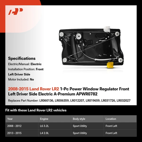 2008-2015 Land Rover LR2 1-Pc Power Window Regulator Front Left Driver Side Electric A-Premium APWR0782