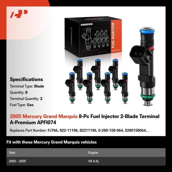 2005 Mercury Grand Marquis 8-Pc Fuel Injector 2-Blade Terminal A-Premium APFI074