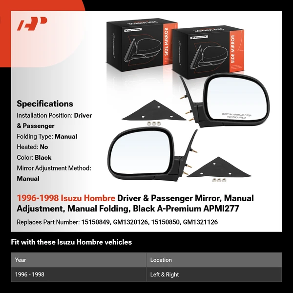 1996-1998 Isuzu Hombre Driver & Passenger Mirror, Manual Adjustment, Manual Folding, Black A-Premium APMI277