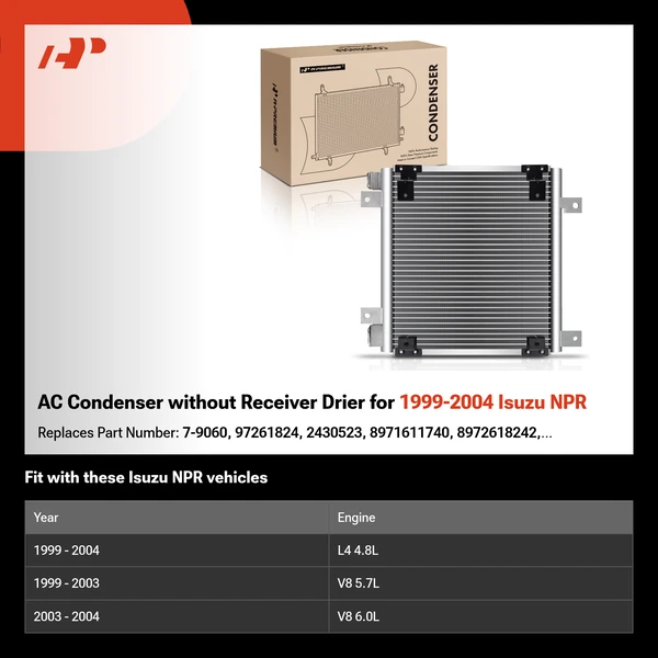 AC Condenser without Receiver Drier for 1999-2004 Isuzu NPR