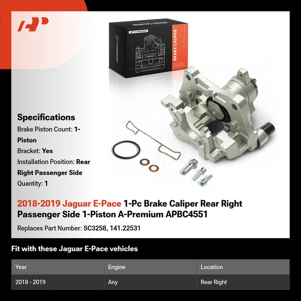 2018-2019 Jaguar E-Pace 1-Pc Brake Caliper Rear Right Passenger Side 1-Piston A-Premium APBC4551