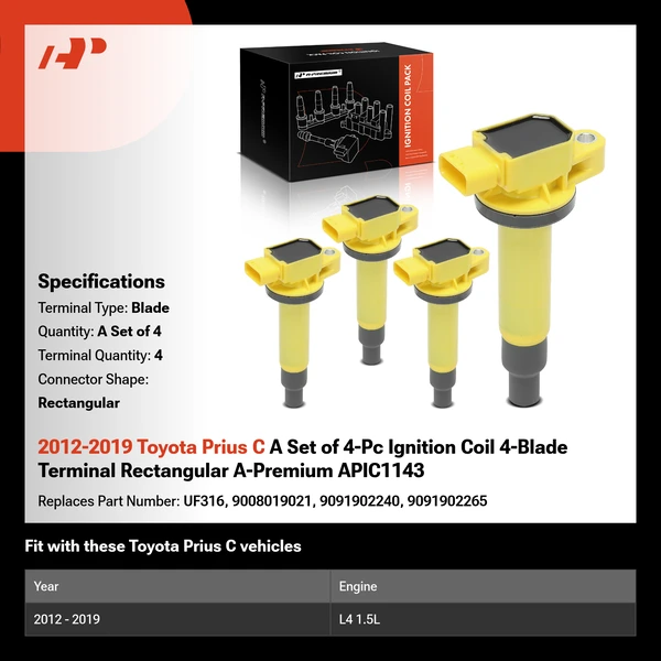 2012-2019 Toyota Prius C A Set of 4-Pc Ignition Coil 4-Blade Terminal Rectangular A-Premium APIC1143