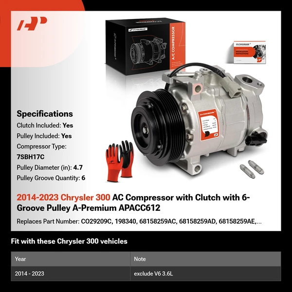 2014-2023 Chrysler 300 AC Compressor with Clutch with 6-Groove Pulley A-Premium APACC612