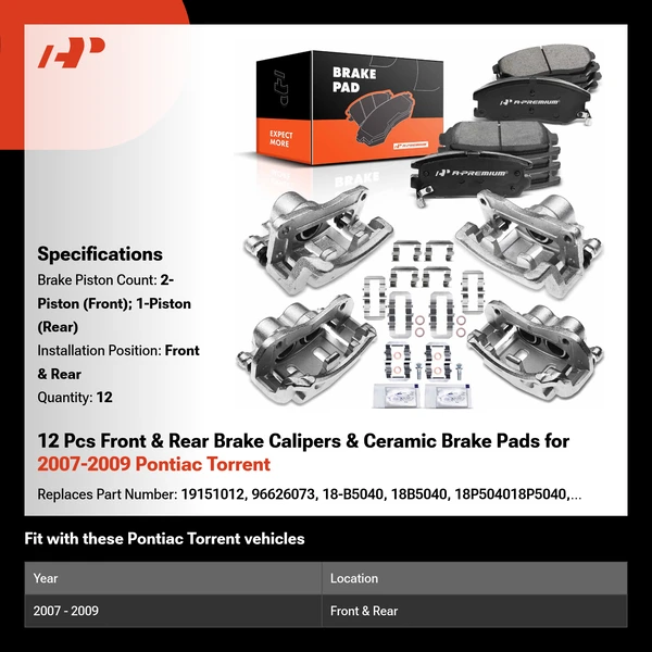 12 Pcs Front & Rear Brake Calipers & Ceramic Brake Pads for 2007-2009 Pontiac Torrent