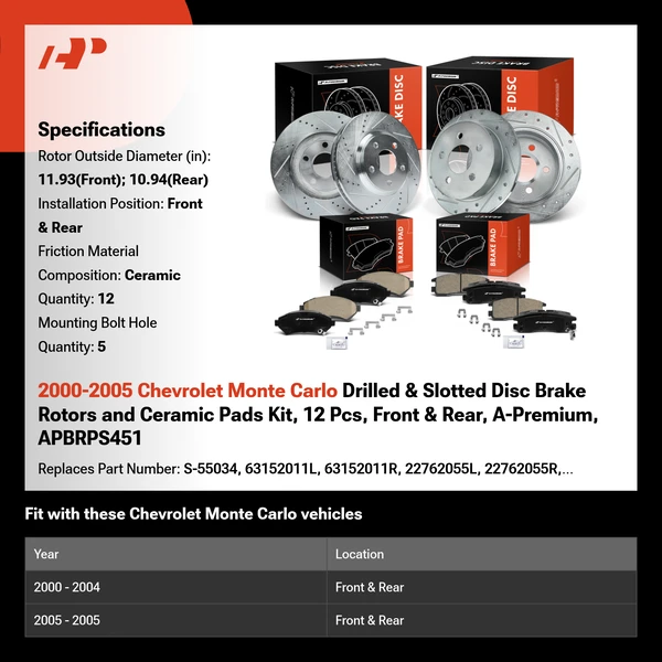 2000-2005 Chevrolet Monte Carlo Drilled & Slotted Disc Brake Rotors and Ceramic Pads Kit, 12 Pcs, Front & Rear, A-Premium, APBRPS451