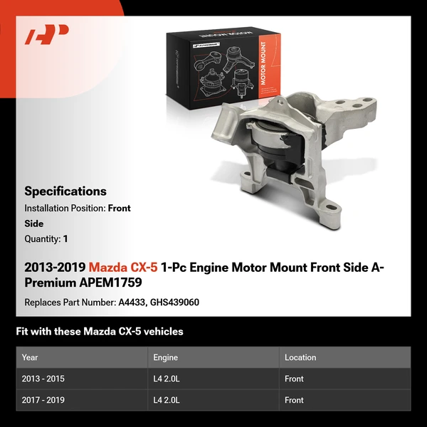 2013-2019 Mazda CX-5 1-Pc Engine Motor Mount Front Side A-Premium APEM1759