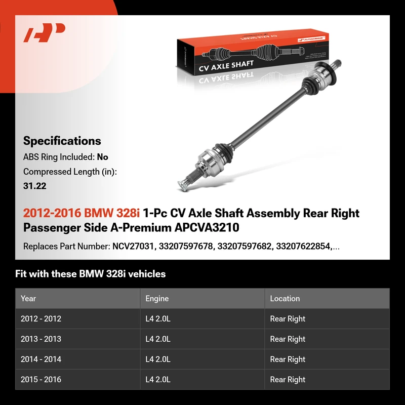 2012-2016 BMW 328i 1-Pc CV Axle Shaft Assembly Rear Right Passenger Side A-Premium APCVA3210